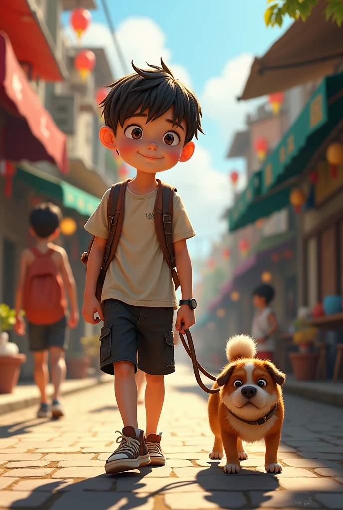 A detailed scene featuring a young boy around , with his loyal dog. The boy has short, slightly messy dark brown hair and large, expressive eyes with a thoughtful yet determined expression. He wears slightly wrinkled t-shirt, black knee-length shorts, and brown sneakers. On his wrist is a simple watch. run in middle town.