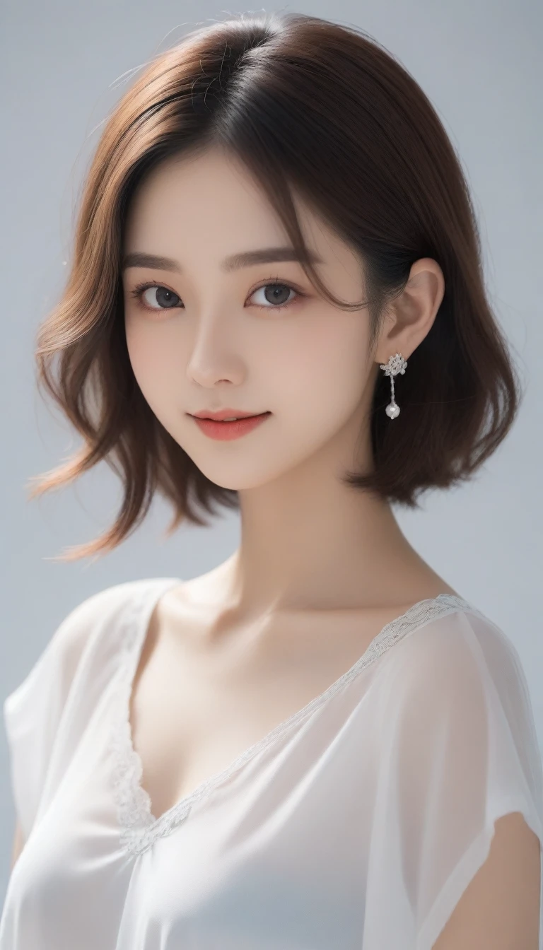8k, ultra high resolution, best quality, masterpiece, Rule of thirds picturey,surreal, picture, 1 person, (:1.3), Pretty Woman, Cute face, Beautiful Eyes in Every Detail, 細かくdetailedに,masterpiece,, one girl:1.2, 日本のfemaleアナウンサー,best quality, 非常にdetailed, masterpiece, 1 person,female,(((完璧なfemaleの体))),very beautiful face, Very beautiful body,gentle expression, really beautiful eyes,(perfect makeup:1.1),fashion model,Curly hair,bushy hair,candy colored hair:1.3, very thin body,Smart Abs, chiffon blouse,friendly smile,upper body portrait,(white background), (glowing skin),(earring),,Looking at the audience、beauty,long neck、Smile a little、Please shut your mouth and smile、(((ideal body type))),A cup small breasts :2,whole body、complete anatomy、鮮明なdetailed、detailed、surreal、light and shadow,strong light