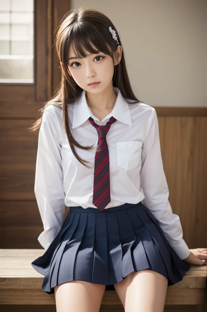 masterpiece, best quality, highres, 1girl hairclip, tokiwadai school uniform photorealistic, sitting