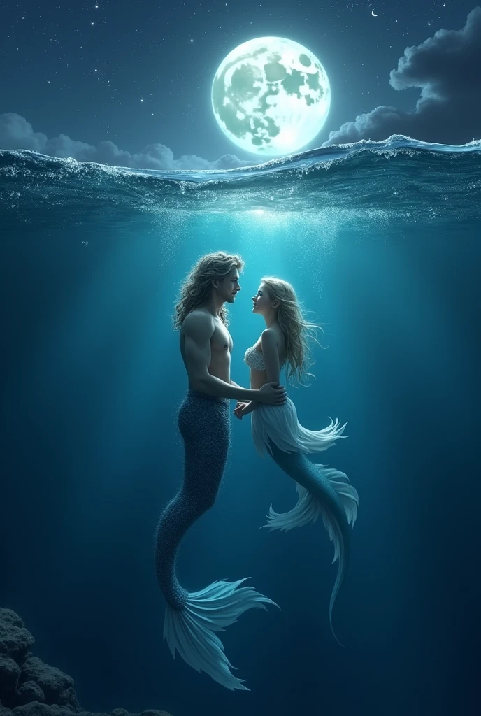 Scene 8: Leo Singing Under the MoonlightPrompt: A peaceful nighttime underwater scene where Leo, now fully a merman, is singing to Lyra under the light of the full moon. They are floating in the water near the surface, with the moon casting a soft glow that penetrates the water, creating an ethereal atmosphere. Lyra listens with a serene smile as Leo's voice echoes through the ocean. Above them, the stars shine brightly, and the waves gently ripple, creating a calm and beautiful setting.