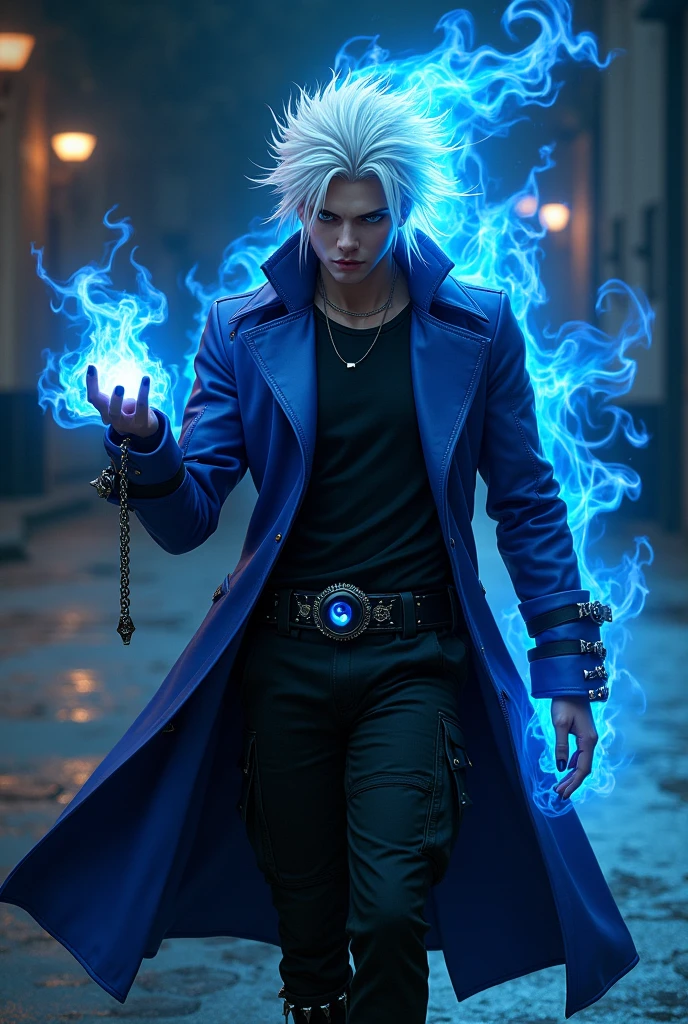 Male age 25, latin-greman, gray eyes, white hair vidual kei, deep evil and cute eyes, crazy smile, middle royal blue and black leather matrix gabardine open, soft black shirt, black cargo pants, only right arm on blue flames, cyberpunk style, belt with a blue ying yang, chains around the belt, athletic, magic powers, action, cunning look, leather black boots with metal pins, black cat nails, jojo's pose, night background, uncovered head