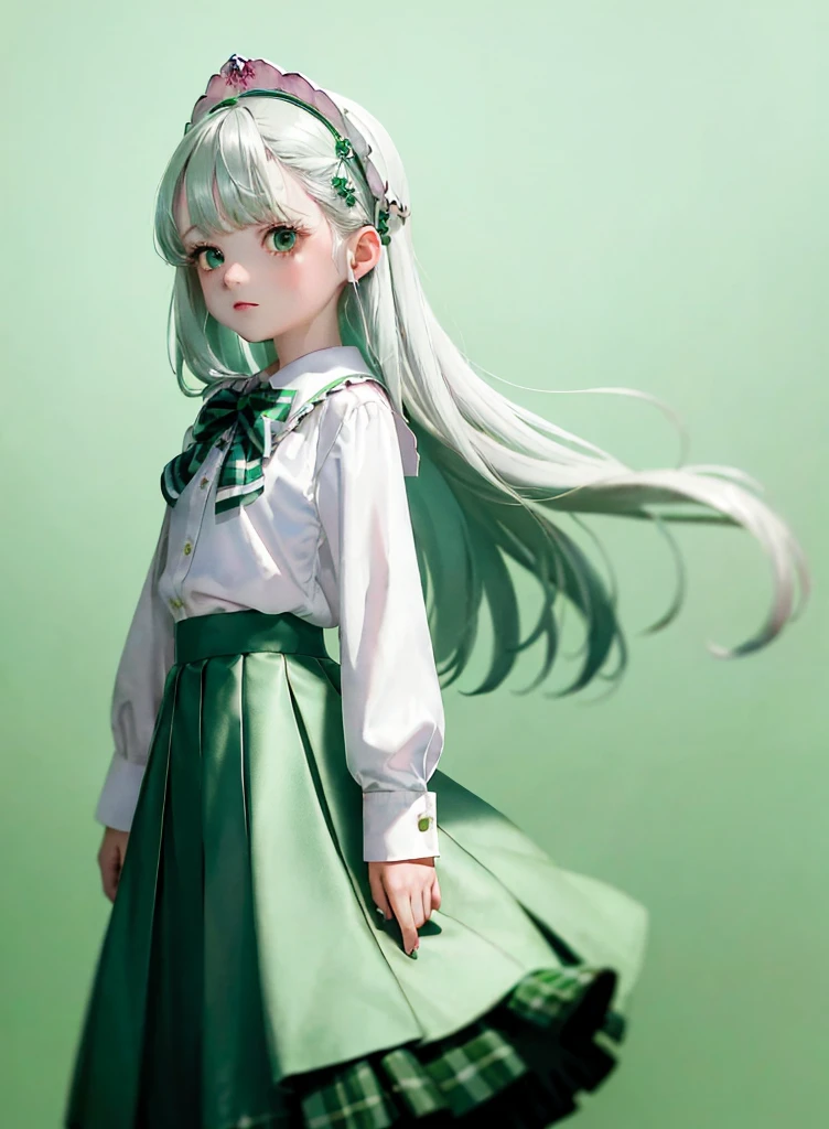 One person, (masterpiece:1.1), (Highest quality:1.1), (White blouse:1.1), (Checked skirt:1.1), school uniform, High Waist Skirt, break [green:pink:0.5] theme, (Gradient Background:1.1 ), Cowboy Shot, break silver hair, Long Hair,, Green Eyes, Delicate headgear, Turn to the side,