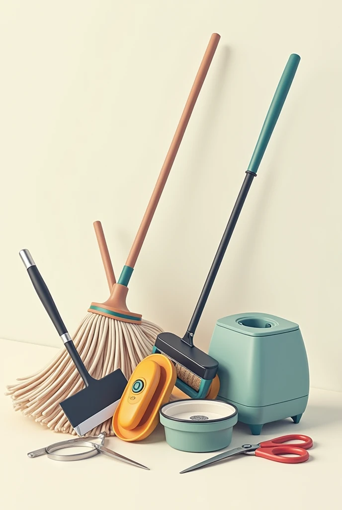 An image of home products, like a mop, knife sharpener, can opener, kitchen scissors. Arranged randomly