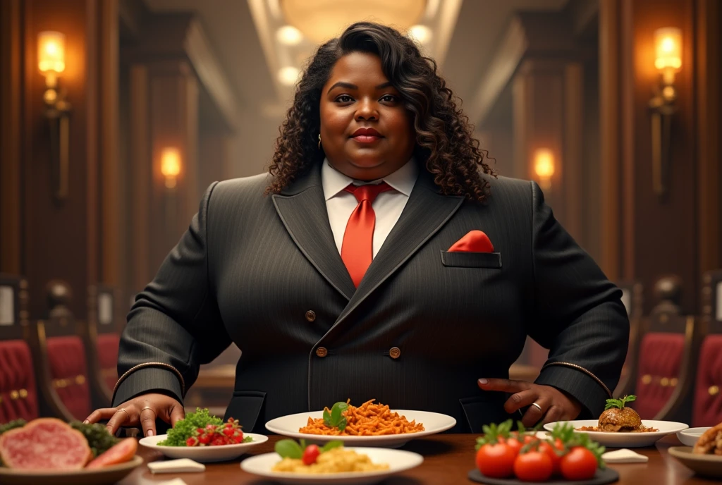 Iron Chef: Quest for an Iron Legend,((A fat body that looks like its clothes will burst with muscles)),Create a high-resolution realist 3d image of a dark skin toned melanin elegant woman with a findom dominant and commanding persona and Prescence wearing luxurious attire, such as a tailored suits or designer dress, and posed in a confident stance. full body tall and plus size curvey body 5'9 265 lbs This mage should exude power, control, and sophistication, with a hint of mystery. the back ground is in a fancy restaurant, surrounded by food, food everywhere, table full of food in foreground,