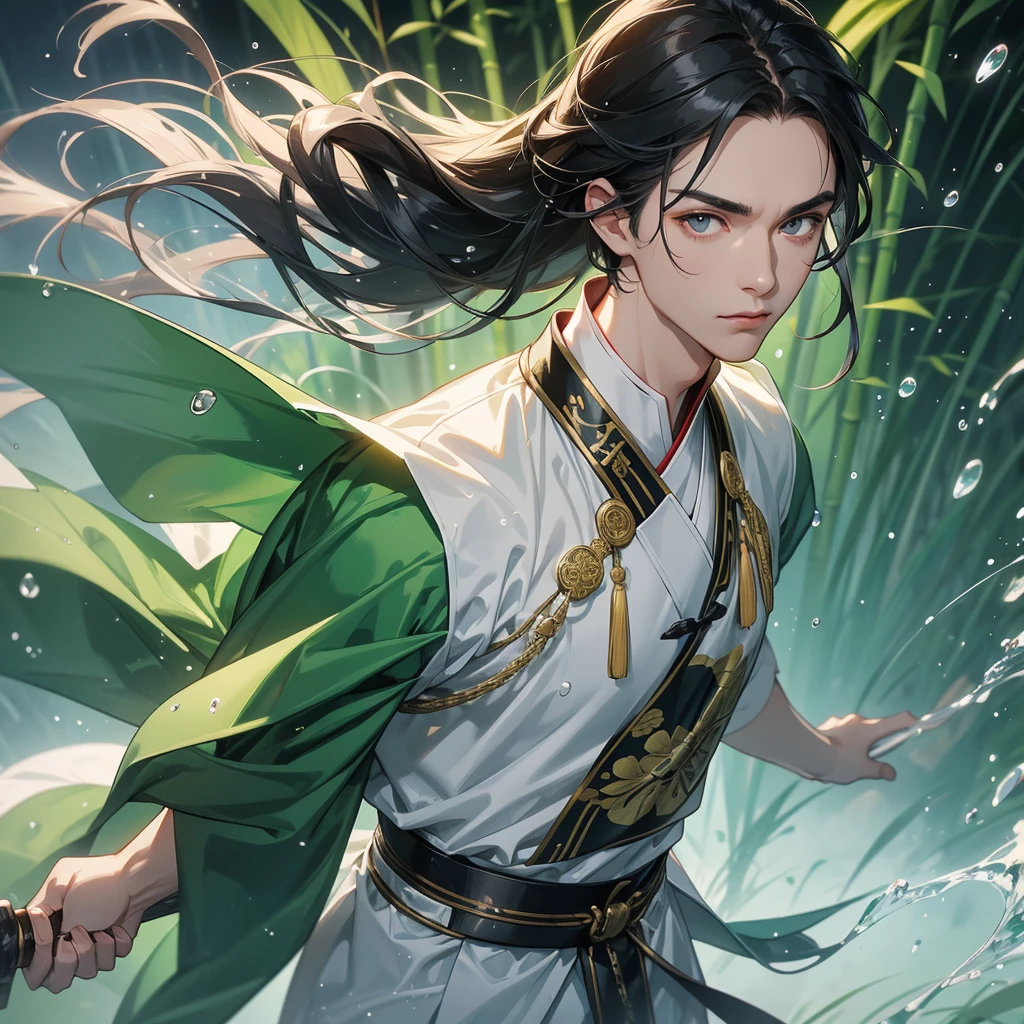 Handsome black-haired male general holding a large sword in white ancient Chinese general costume, the back is a lush green bamboo forest. the air after rain has water droplets splashing around, close up.