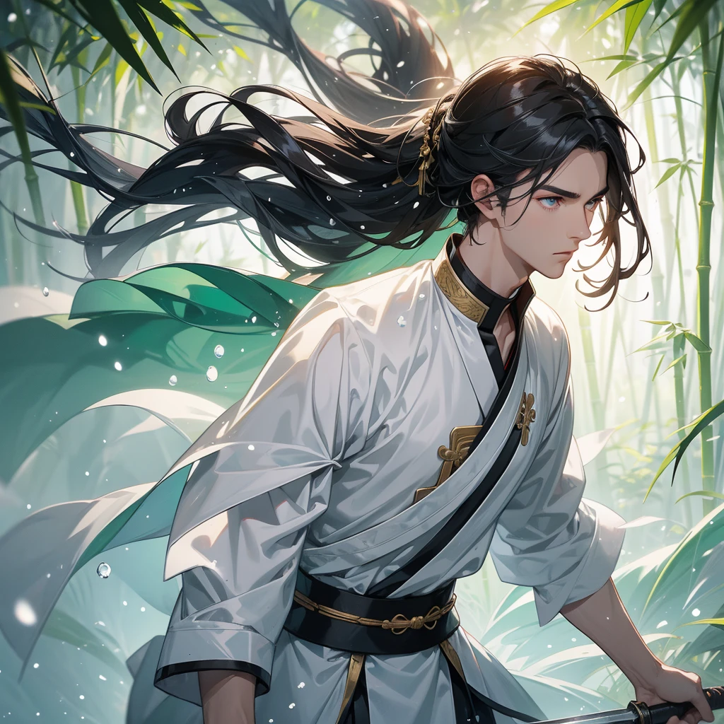 Handsome black-haired male general holding a large sword in white ancient Chinese general costume, the back is a lush green bamboo forest. the air after rain has water droplets splashing around, close up.