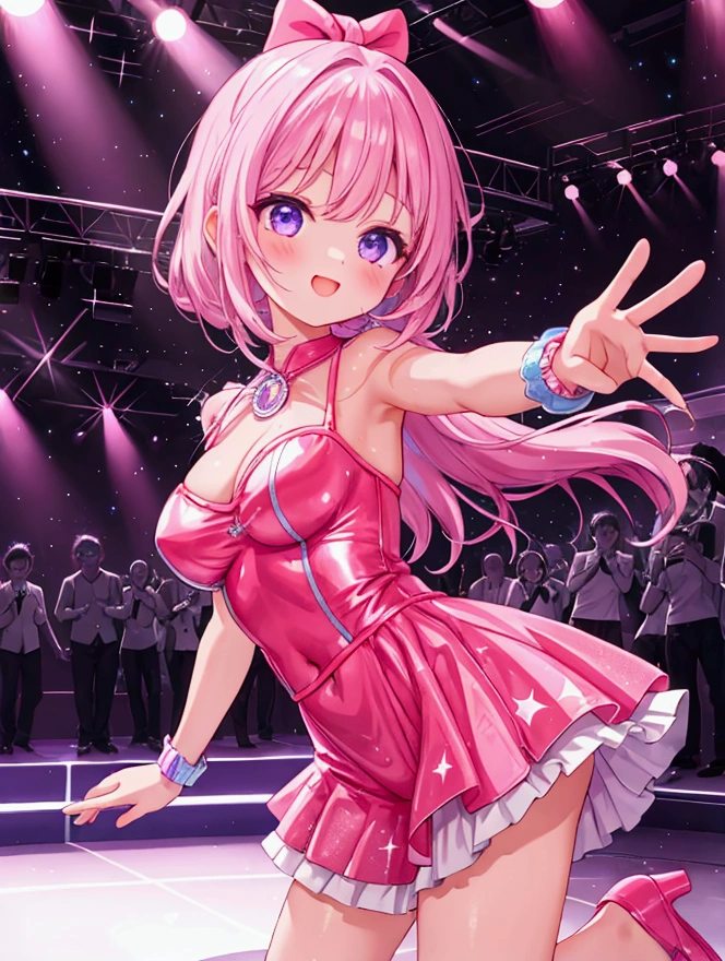 Girl in bright clothes on the dance floor disco, bright light spotlight refreshment light music stars