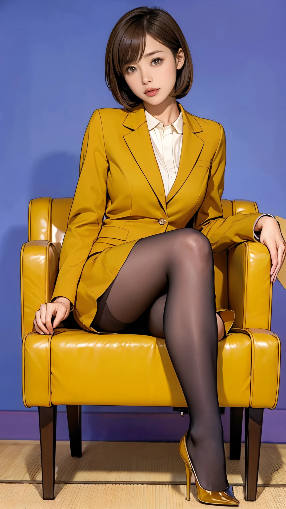 Office, beauty sitting a japanese woman in chair, short hair, beautiful legs, high heels, brown pantyhose, mini skirt suit