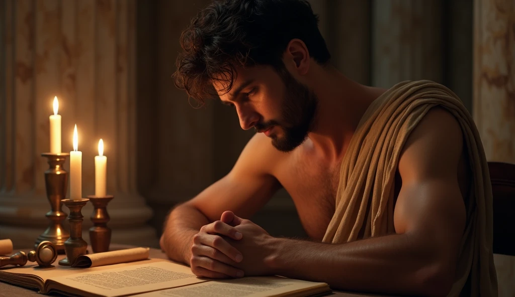 A close-up shot of a young Stoic philosopher, around 2, seated in a Roman study room, surrounded by ancient scrolls and parchment. His well-proportioned physique is subtly revealed through a slightly transparent tunic, draping elegantly to show a part of his shoulder and a hint of his chest, enhancing his sensual appeal without being vulgar. His bronzed skin glows under the soft light of oil lamps, and his very short, well-groomed beard and wavy, well-stylized hair add to his attractiveness. His head is in his hands, reflecting disappointment and frustration over a rejected petition for a position. The room is dimly lit, with marble columns and classical Roman decor visible in the background. The philosopher’s expression conveys deep contemplation and frustration, with a shadowy, ethereal figure symbolizing his thoughts of blame. Shot with a Canon EOS R5, Sigma 50mm f/1.4 DG HSM Art Lens, with an 85mm lens. Rendered in 8K resolution, cinematic detail, Octane render, capturing the emotional tension and alluring presence of the philosopher.