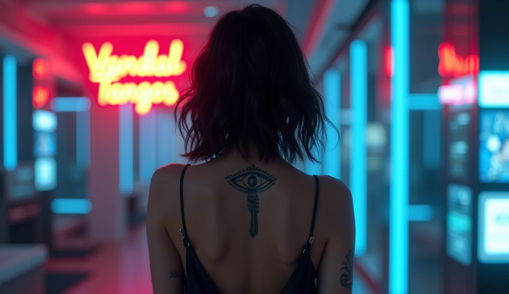 Sexy futuristic DJ WOMAN black wavy hair. He has a small Egyptian tattoo "Eye of Horus" in the back. Add a discreet neon sign "Vandal Tangos" In the scene.