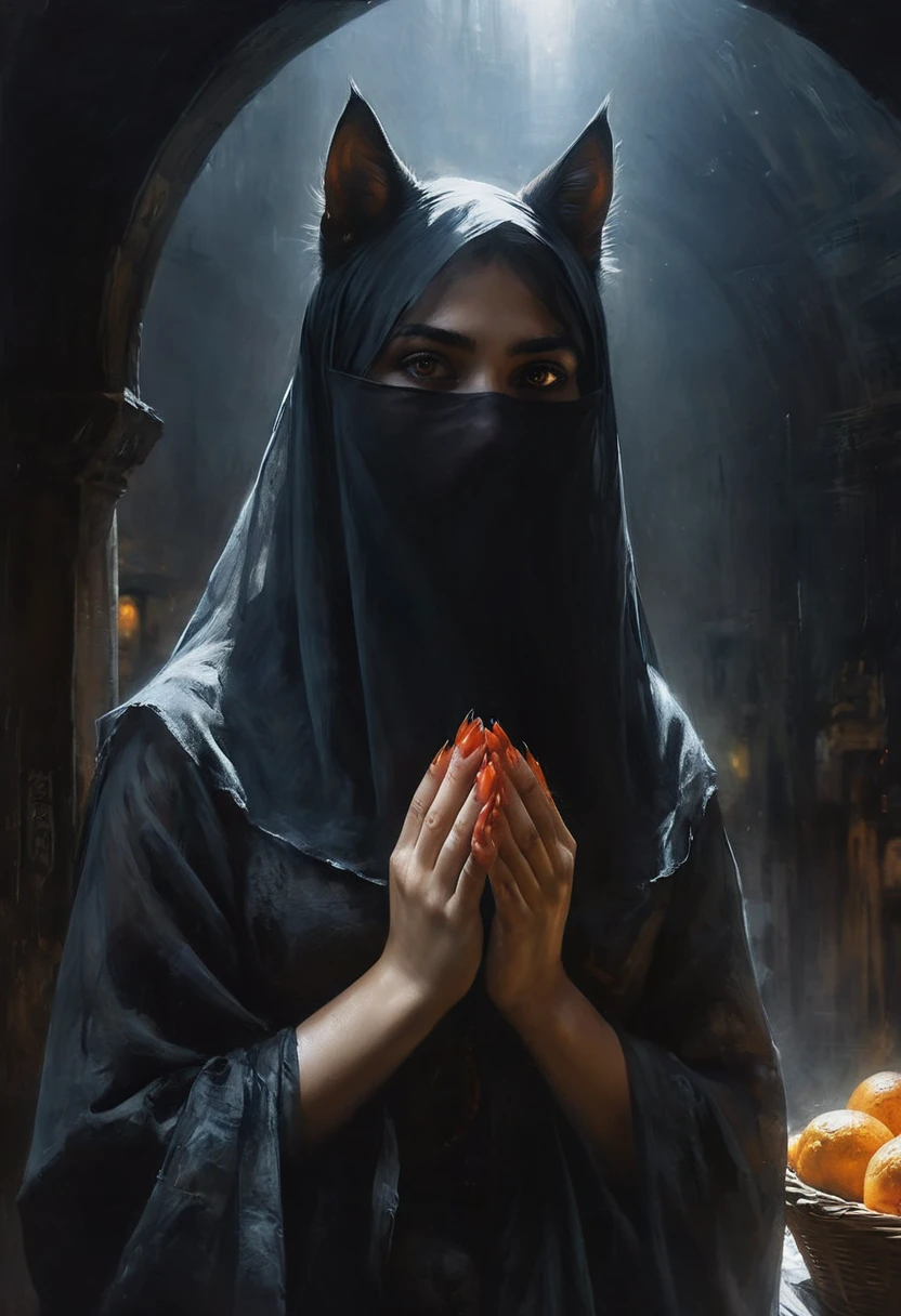 painting of a werewolf girl in the market of the eastern city at noon, hides her face behind a veil, cunning cat-like glowing eyes and long sharp animal claws on hands, dark atmosphere, cinematic scene, volumetric lights, ultra realistic, in the style of nicola samori