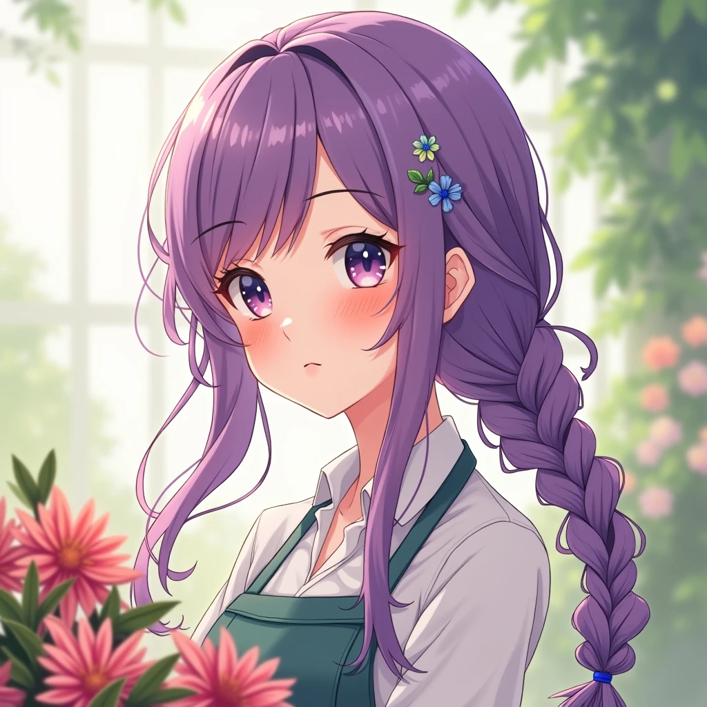 Anime Style, Character portrait, Florist,Braid, Purple Hair,