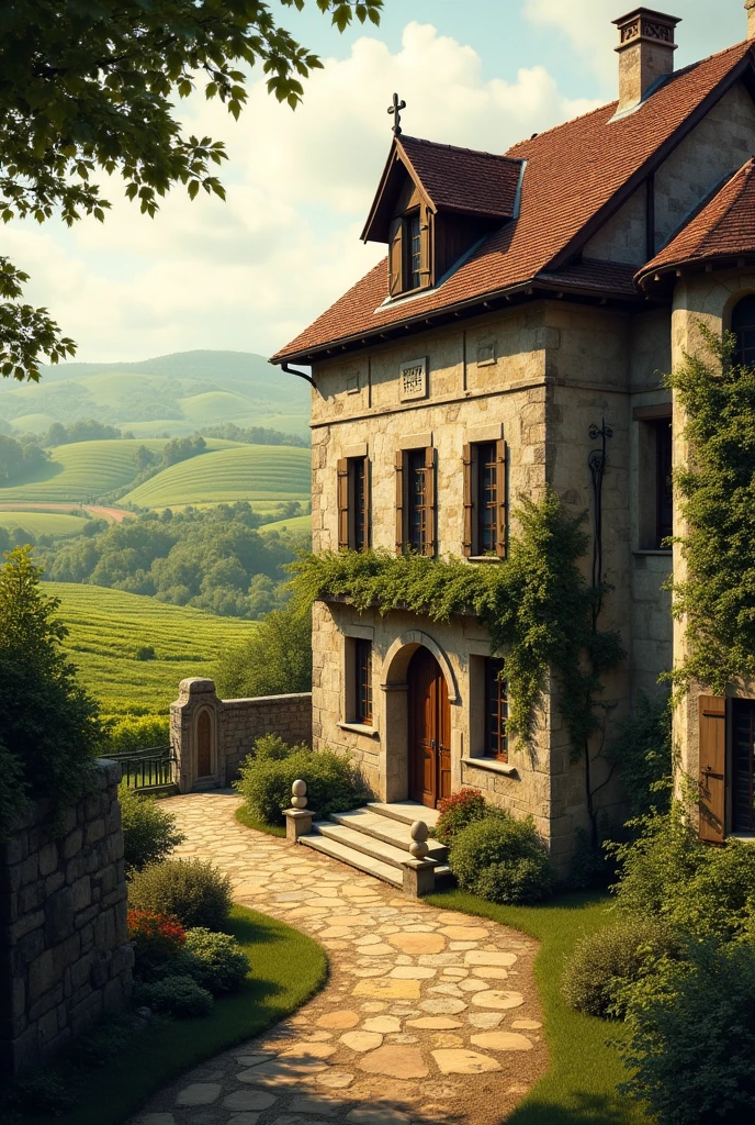 Atmospheric image of an old Bordeaux winery with traditional architecture, vineyards in the background, green fields and ancient buildings.