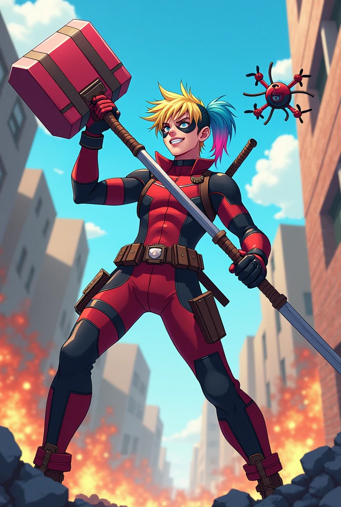 A male ager, he is the son of Harley Quinn and Deadpool. He has blond hair and his costume is a mix of Harley Quinn's outfit with Deadpool's outfit, but with inverted colors. His hair on the left side is dyed vibrant blue and on the right side his hair is dyed hot pink. He holds a large circus hammer. It has a long handle and the hammer is even bigger. It was made to look very circus-like. On his back, he has a sword. He is doing a funny pose taking a picture using a drone. He is in a destruction scenario. Because he has just invaded a warehouse with several criminals and defeated them all. The image has to be in anime.