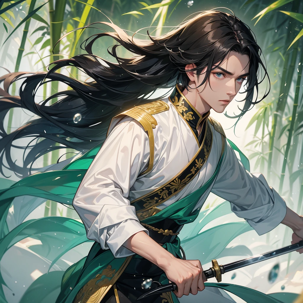 a Handsome black-haired male general holding a large sword in white ancient Chinese general costume, the back is a lush green bamboo forest. the air after rain has water droplets splashing around, close up.