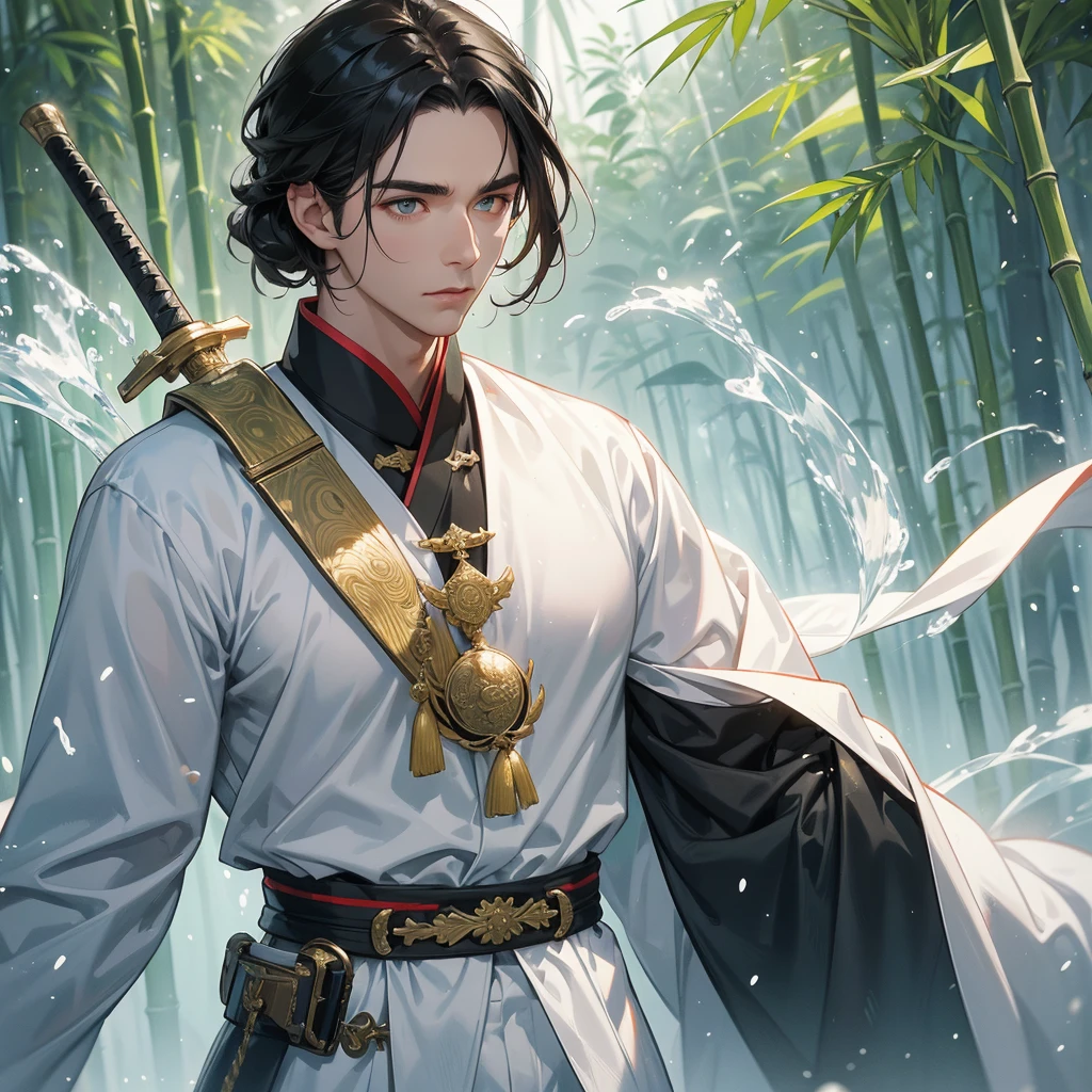 a Handsome black-haired male general holding a large sword in white ancient Chinese general costume, the back is a lush green bamboo forest. the air after rain has water droplets splashing around, close up.