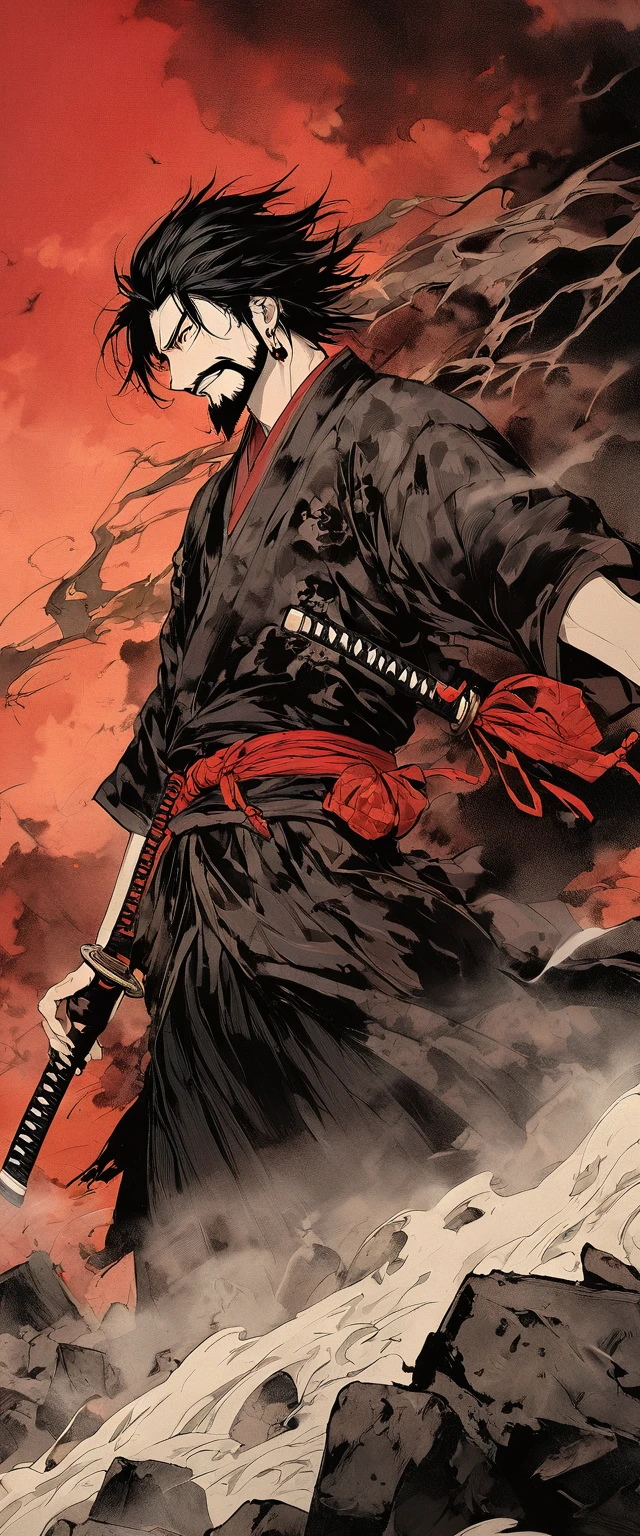 Scarlet Silk Ronin Costume。A world of thick fog,White silver grass field。Earrings。Close up on face。Dark Eyes。clothes are blowing in the wind。Grin。Katana on the waist。Stylish pose。Mustache。Beard。Messy long black hair。 A thin young ronin stands on the rubble。alone。Spooky atmosphere。Japan。Red Sky。Chiaroscuro,