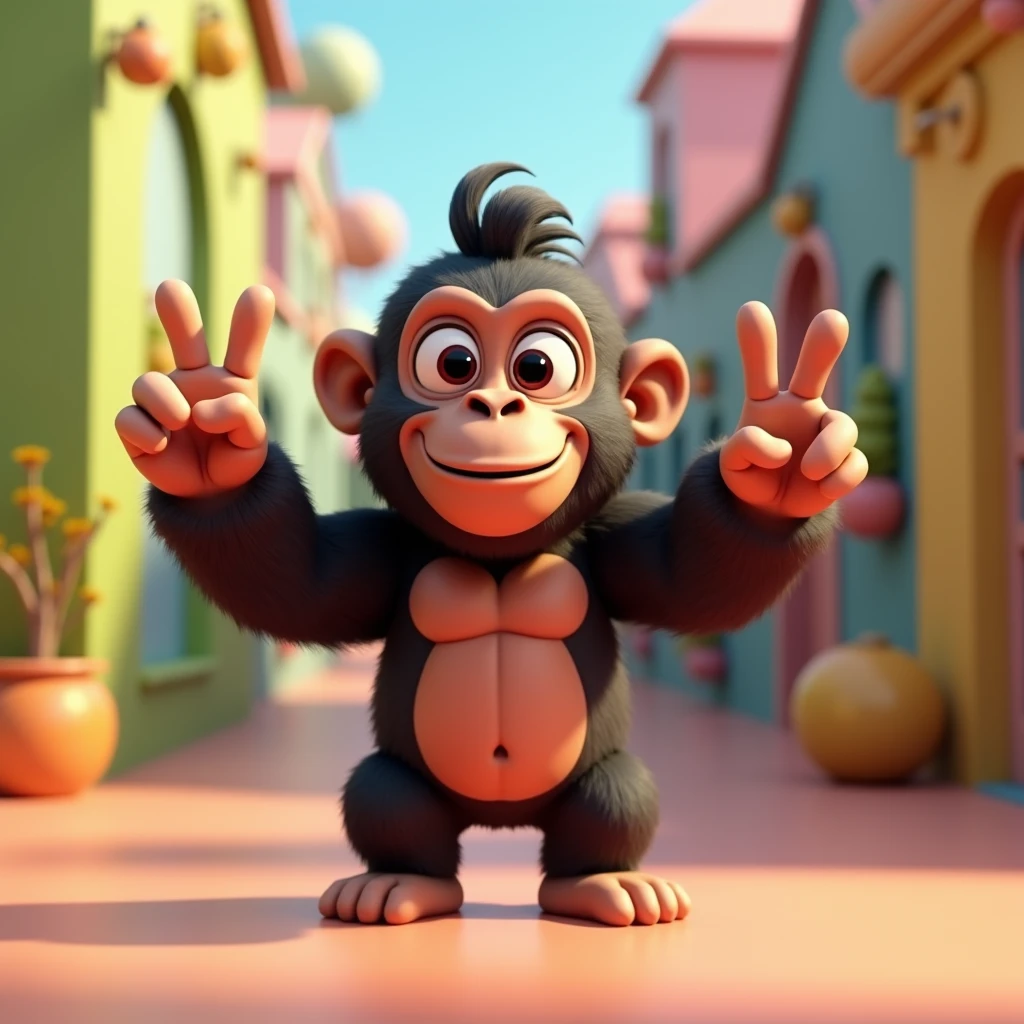3D Animation、Gorilla holding up three fingers、5 fingers in total、Thumb and pinky finger bent、Chibi Gorilla