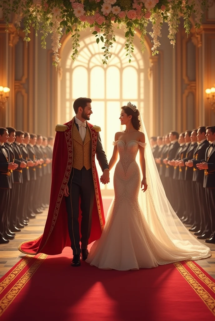 A realistic image of a king and queen walking with hand to hand seeing each other in love on their marriage day in palace with long beautiful red carpet and flowers above , people bowing their head to welcome 