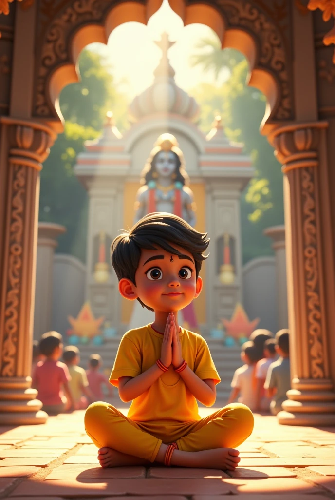I want to gnerate picture a boy
whose name is Aaditya written in his yellow t shirt and full pant yellow sitting and worshipping lord krishn in temple and Aaditya written in his tshirt