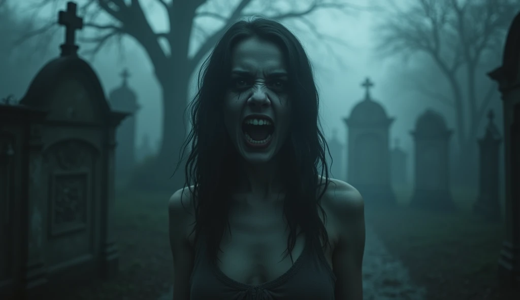 Create for me a horror photo of a female ghost of a young woman, with a scary face in a dark and macabre cemetery at night, cinematic lighting, ultrarealistic, 8k (The cemetery is dark and foggy)