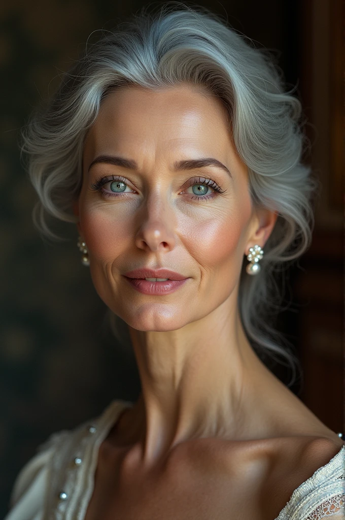 Adult lady with blue and brown eyes, gray hair and collected, White skin