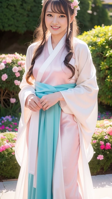 Extremely Detailed CG Unity 8k wallpaper，optimal lighting，super-detailed，best qality，Hi-Res，National style girl，pastel light，beautiful hair，Pink and white Hanfu costume，Open space，white silk，Bright Colors，He smiled，Stand in a sea of flowers