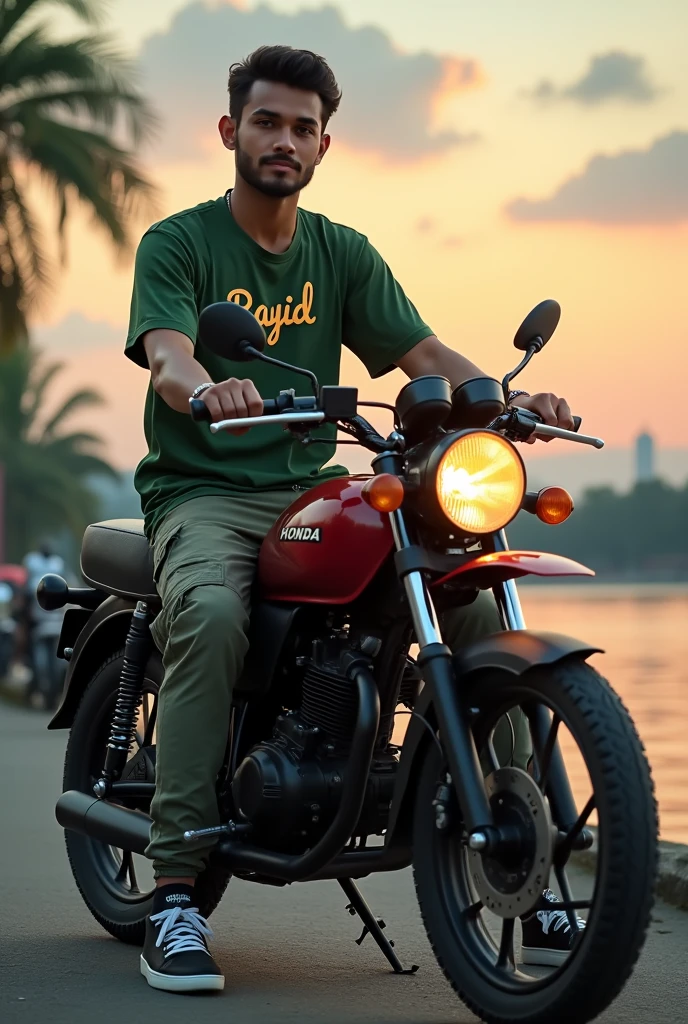 (masterpiece, high quality, 最high quality:1.2)，128K、reality，alone， hensom malay man 29 yea,r glasses、He sits with his legs spread apart on a green modified Honda Super Cub. facing camera，green shirt and making word Gold inscription "payid", cargo pants、sneakers:1、Riverside at dusk、whirlwind，Panchi et al... style，Removing the Stand:1.3, the image is very detailed, super HD