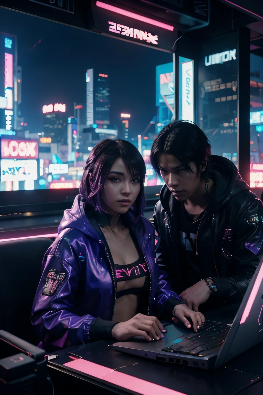 two men in hoodies are working on their laptops in front of a city skyline, epic scene full of computers, modern cyberpunk anime, digital cyberpunk anime!!, art deco outrun anime aesthestic, cinematic neon matte painting, cyberpunk city in the background, cyberpunk ads, in cyber punk 2077, youtube video screenshot, neon cyberpunk highlights, computers and holograms, futuristic. game cg, cyberpunk vaporwave, rossdraws global illumination, purple cyberpunk city, cyberpunk theme, anime cyberpunk, game aesthetic, neon city in the background, anime keyframe