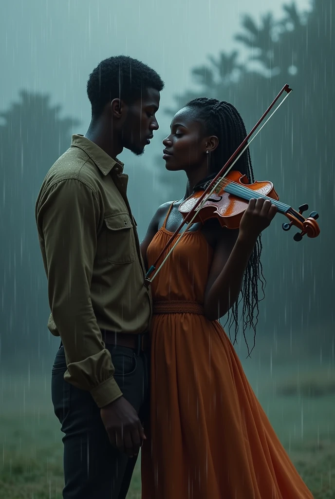 african girl playing violing in rain with boyfriend