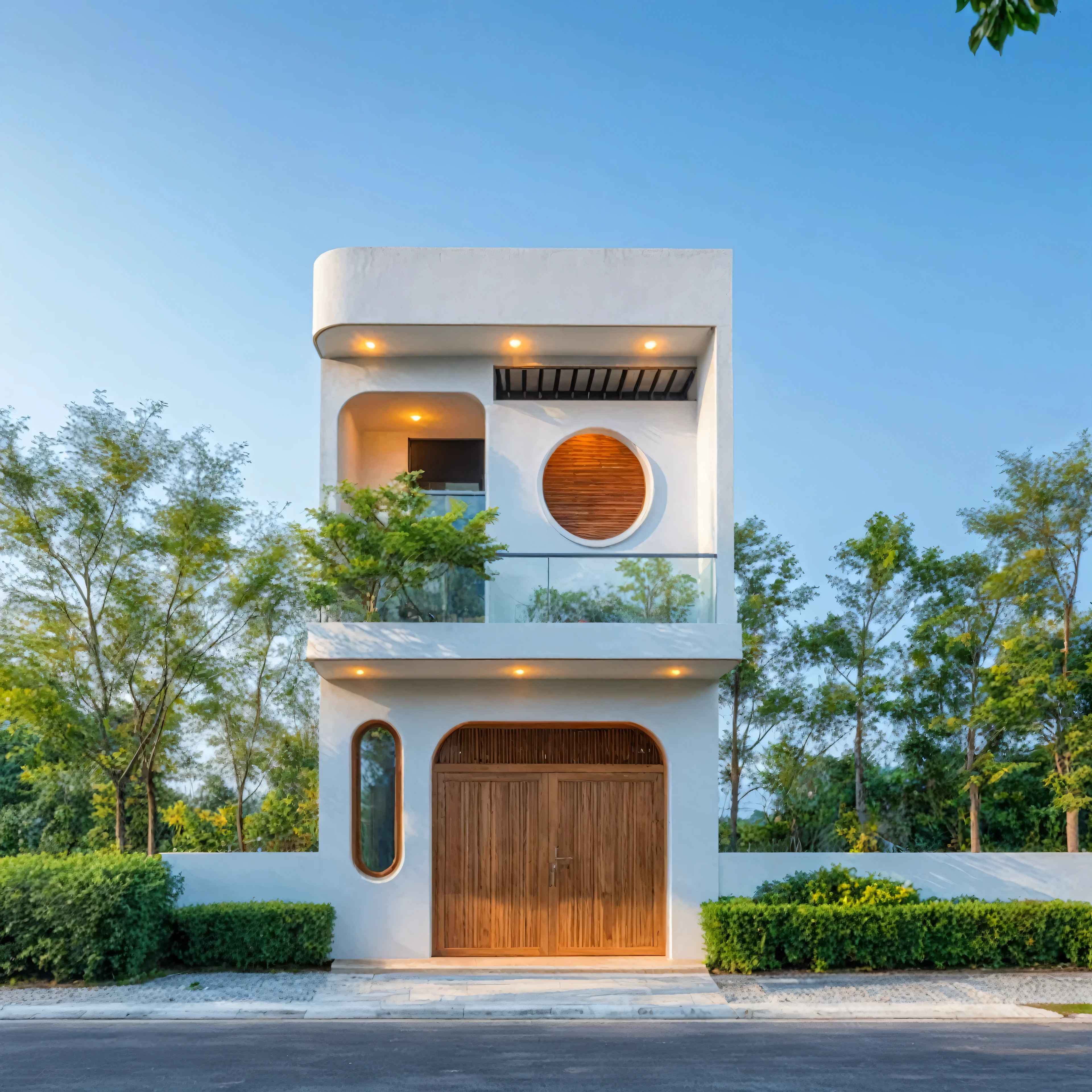 Minimalist architecture, the main materials of the house include white walls, blue concrete effect walls, Realistic images, extremely detailed, a modern house, 1 road in font of house, large yard made by ceramic, (1 car), brick fence, lawn, a few small flowers, a road in front of the house, main materials of the house are white walls and gray brick, Modern design, (wood with Steel Gate),clear blue sky, sunrise light, light from inside, dynamic light,shimering light, cinematic light, romantic feeling, (((day light, warm light)))