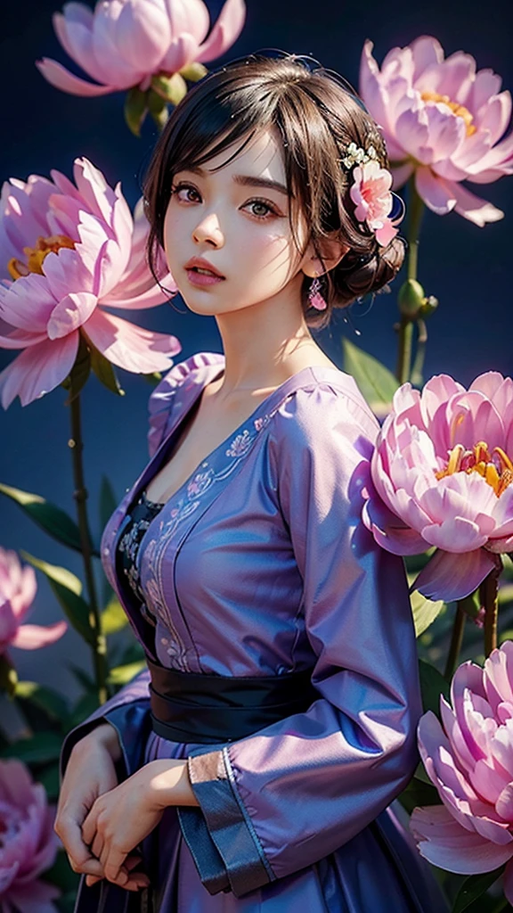 a field of blooming peony flowers, beautiful detailed pink and violet peonies, vibrant blue background, hyper-realistic 3d octane render, highly detailed digital painting, vivid bright colors, sharp focus, trending on artstation, masterpiece, best quality, 8k