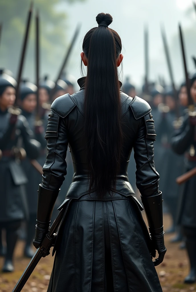 A young woman in black armor with her back to her back in front of a group of women launching a pre-stand mobilization, sword in hand, Super long lens (ELS), Asian style, cinematic elegance, explosive coloration, 32k Ultra HD, high quality, rtx, soft color palette, angloore