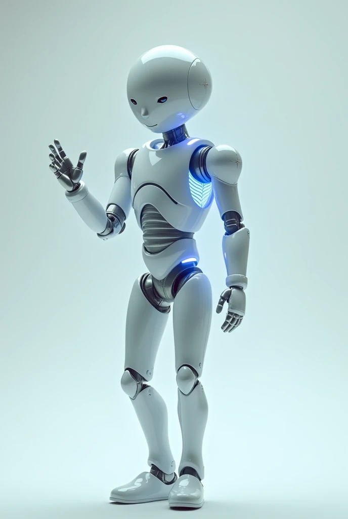 An image without a background, that it is a robot, they will look forward with their right hand up and open and a blue or light blue light 