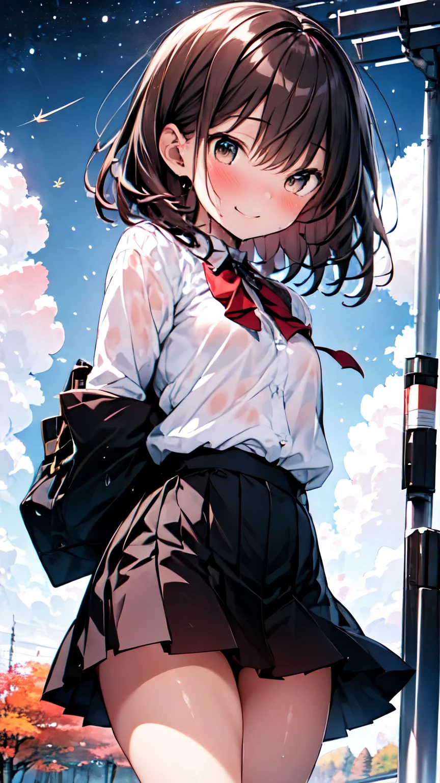 Let's think step by step,Highest quality, masterpiece, Ultra-high resolution, 8k,Show anime style ,
1People Women,(Brown hair short cut), Wet Hair,Beautiful brown hair, Clear brown eyes, Slightly chubby,Small breasts,The butt is small,(((Teasing Smile))),
autumn sky,Early Autumn,((Autumn Outfits)),(((In the cosmos field))),Staring at us from the front,Look up at the sky,Angle that allows you to see all the way to your feet,Hair blowing in the wind,(Panoramic View:1.5)