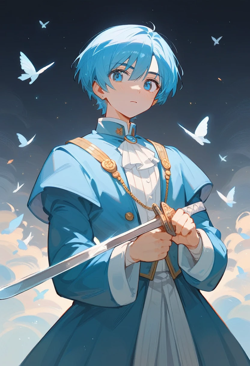 金色short hair,Bias, blue eyes, short hair, Wearing aristocratic clothing,Holding a sword, masterpiece, best quality ,juvenile,Incomparably handsome,Proud Prince,