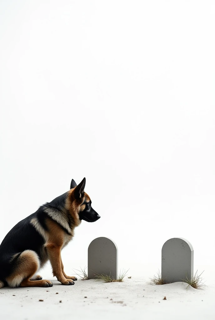 A touching scene featuring a German Shepherd laying on a grave, positioned on the left side of the image. The background is entirely white, with an open space on the right side of the picture. The dog, looking somber and loyal, is near the gravestone, which is simple and unadorned. The overall mood is emotional, emphasizing loyalty and loss. The thumbnail size should be 1280x720 pixels, with the white space on the right side allowing room for additional text or elements."