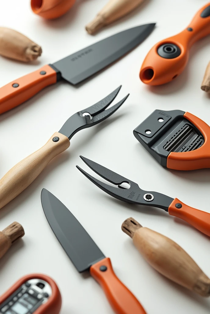 An image of home products, knife sharpener, can opener, kitchen scissors. Arranged randomly