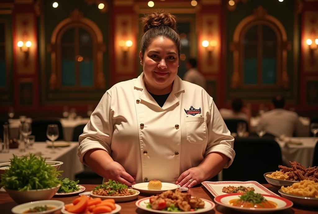 fat woman Iron Chef: Quest for an Iron Legend,the back ground is in a fancy restaurant, surrounded by food, food everywhere, table full of food in foreground,