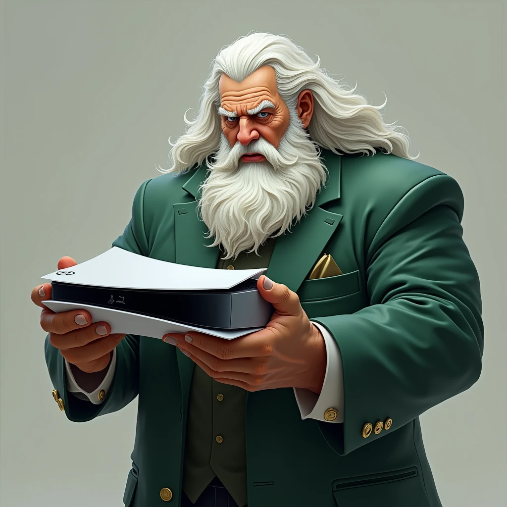A 50 year old man, with the imposing appearance of a wise and powerful old man. He has white hair and beard, evoking the classical image of Zeus, which gives it an air of authority and grandeur. His physique is robust and muscular., showing remarkable strength. He wears a green suit that highlights his formidable presence.. With an angry and serious expression on his face, He holds a PlayStation 5 console in both hands, as if he were presenting the device with the same intensity with which a god would handle a lightning bolt..