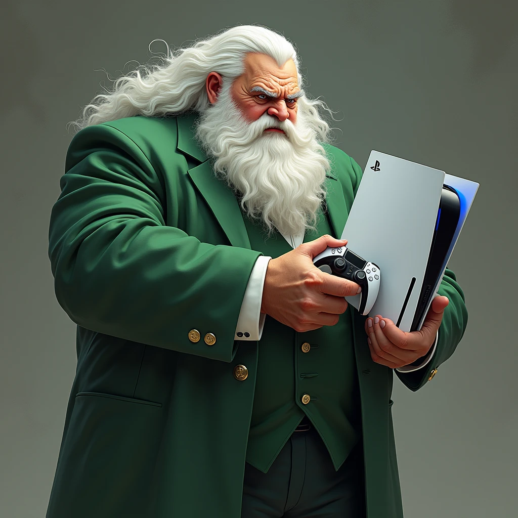 A 50 year old man, with the imposing appearance of a wise and powerful old man. He has white hair and beard, evoking the classical image of Zeus, which gives it an air of authority and grandeur. His physique is robust and muscular., showing remarkable strength. He wears a green suit that highlights his formidable presence.. With an angry and serious expression on his face, He holds a PlayStation 5 console in both hands, as if he were presenting the device with the same intensity with which a god would handle a lightning bolt..