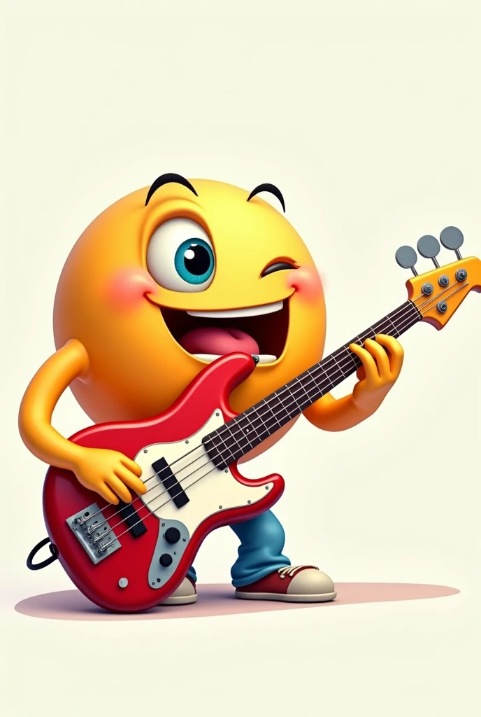 emoji making a face one eye half-open and the other wide open crooked mouth playing electric bass musicman bass with 4 strings 4 tuning machines