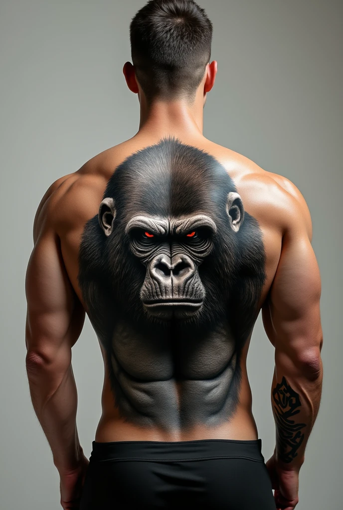 Create an image of a man with 50% of his back covered in a detailed tattoo of a gorilla. The gorilla should be depicted in a realistic style, with intense eyes and a powerful, muscular build, occupying the upper and central parts of his back. The tattoo blends seamlessly with the contours of his muscles, giving a lifelike appearance. The man has a medium build, with a toned body, and his skin tone is light to medium. The background should be simple, focusing on the tattoo and the man’s back