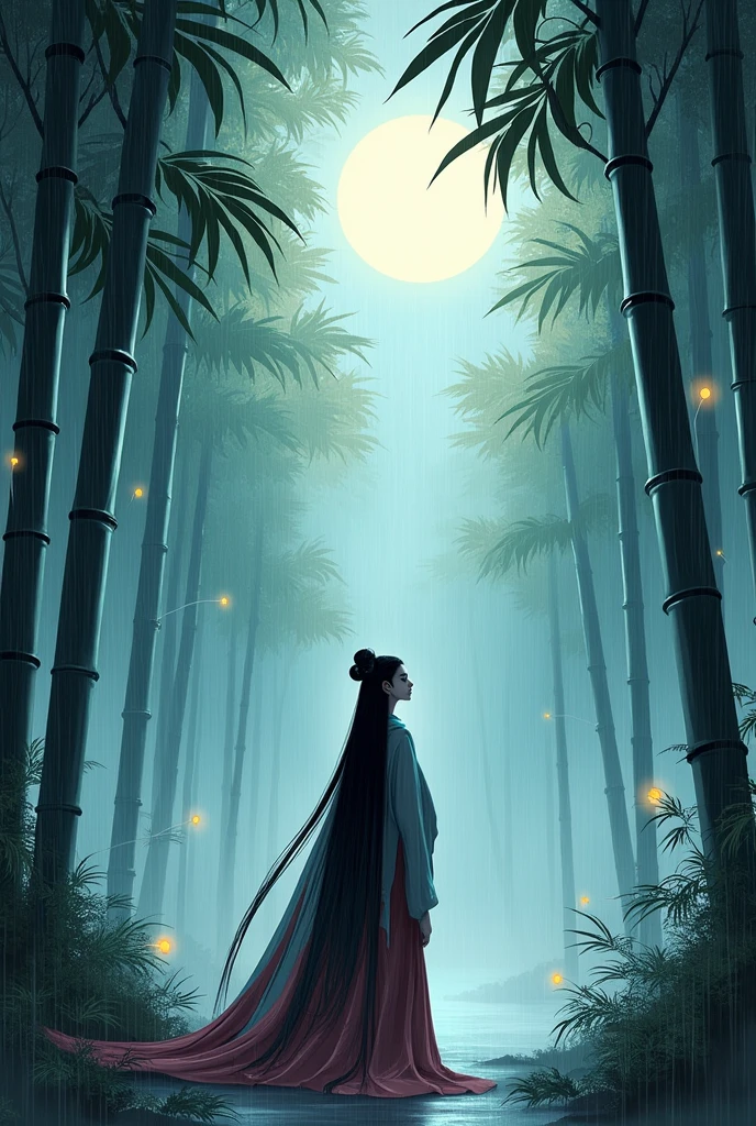 dynamic ink painting of a bamboo grove of japan, great art, great sense of depth, ground level shot, the most beautiful bamboo grove in the world, bamboo leaves shining through rainwater, moon\(pale blue\) with a light overcast, beautiful woman\(ancient Japanese noble, beautiful kimono, beautiful long black hair\) looking up at the moon holding an umbrella,raining softly, fireflies flying around, bamboo leaves are placed three-dimensionally in the foreground, long distance shot,limited color