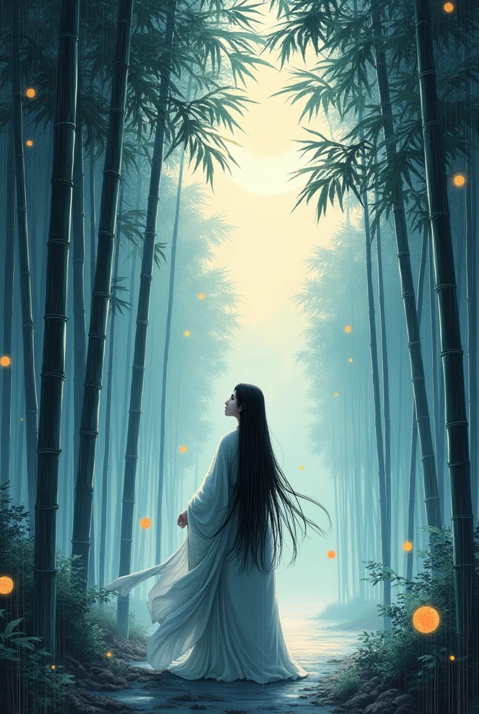 dynamic ink painting of a bamboo grove of japan, great art, great sense of depth, ground level shot, the most beautiful bamboo grove in the world, bamboo leaves shining through rainwater, moon\(pale blue\) with a light overcast, beautiful woman\(ancient Japanese noble, beautiful kimono, beautiful long black hair\) looking up at the moon holding an umbrella,raining softly, fireflies flying around, bamboo leaves are placed three-dimensionally in the foreground, long distance shot,limited color