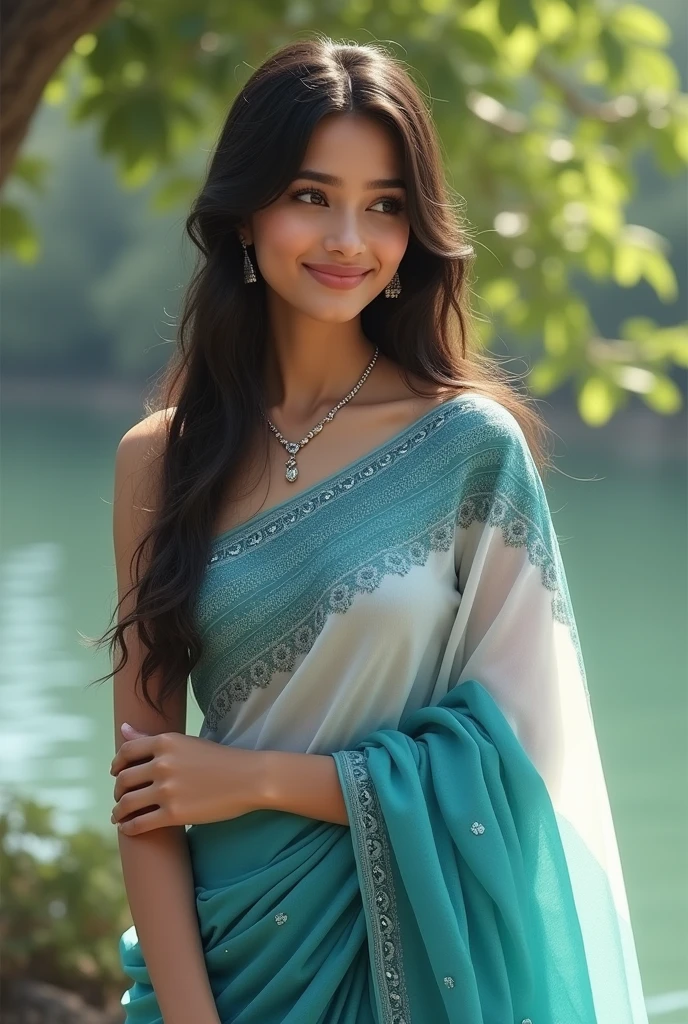 A real cute girl saree colour whiA real cute girl saree colour white and blue te and blue 