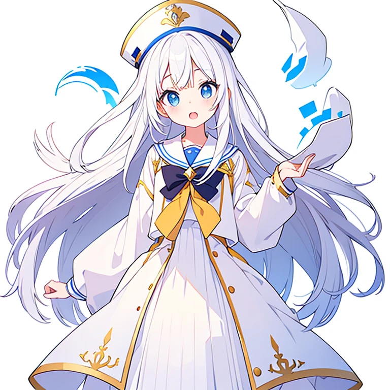 Mouth open、There is a gap on the top of the hat、Pure white background、Standing still、Hands at sides、White hat with gold decoration、Long white hair、Sailor'White uniform