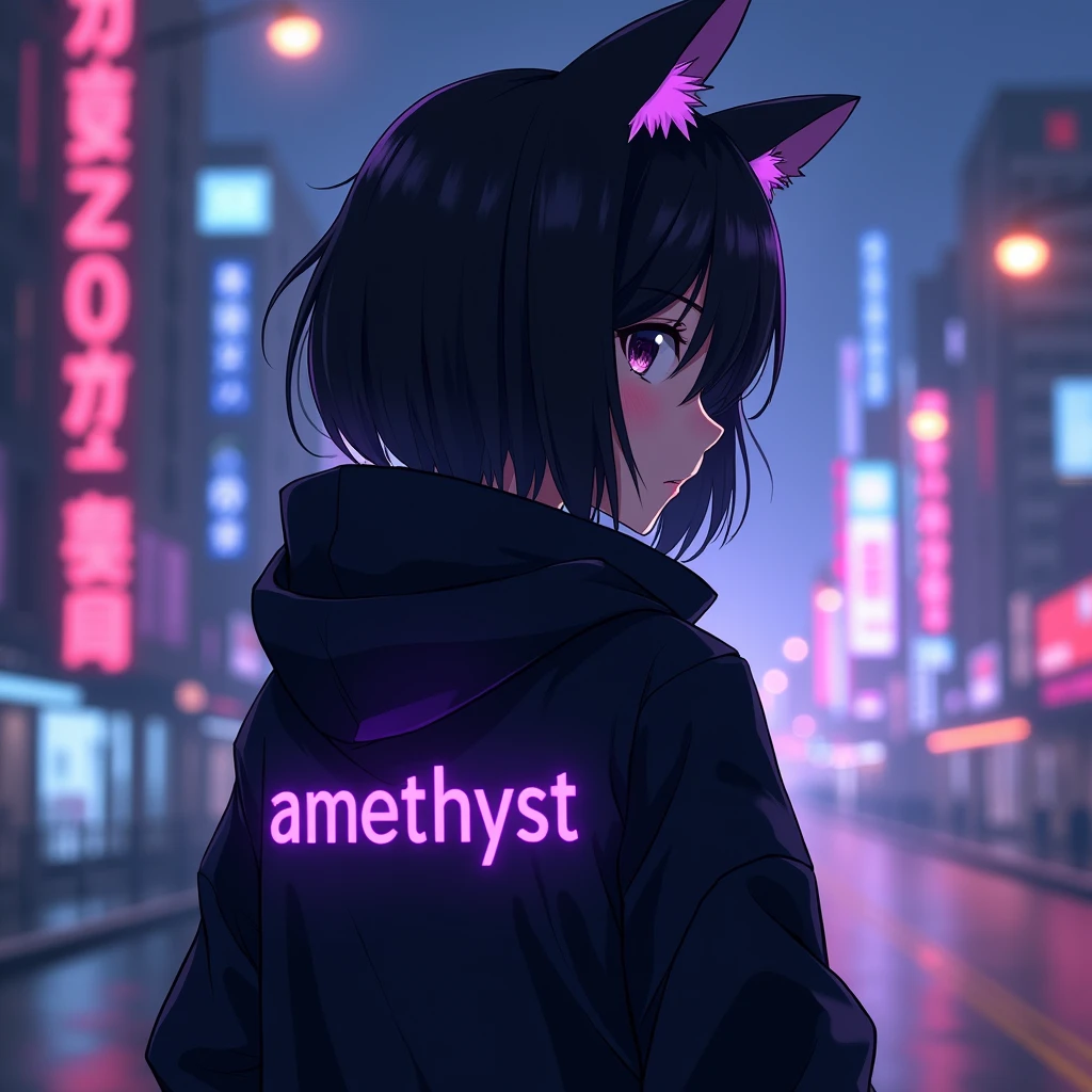 anime girl is wearing black aesthetic jacket, with cat ears and with a purple text 
"amethyst" at the back of his clothes, while 
she's looking in front, in 
citylights background