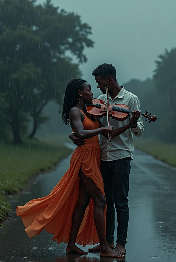 african girl playing violing in rain with boyfriend