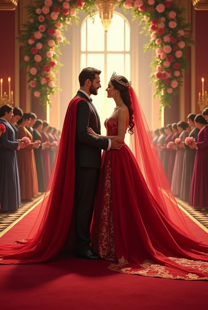 A realistic image of a king and queen with red veil dress walking with hand to hand seeing each other in love on their marriage day in palace with long beautiful red carpet and flowers above , people bowing their head to welcome